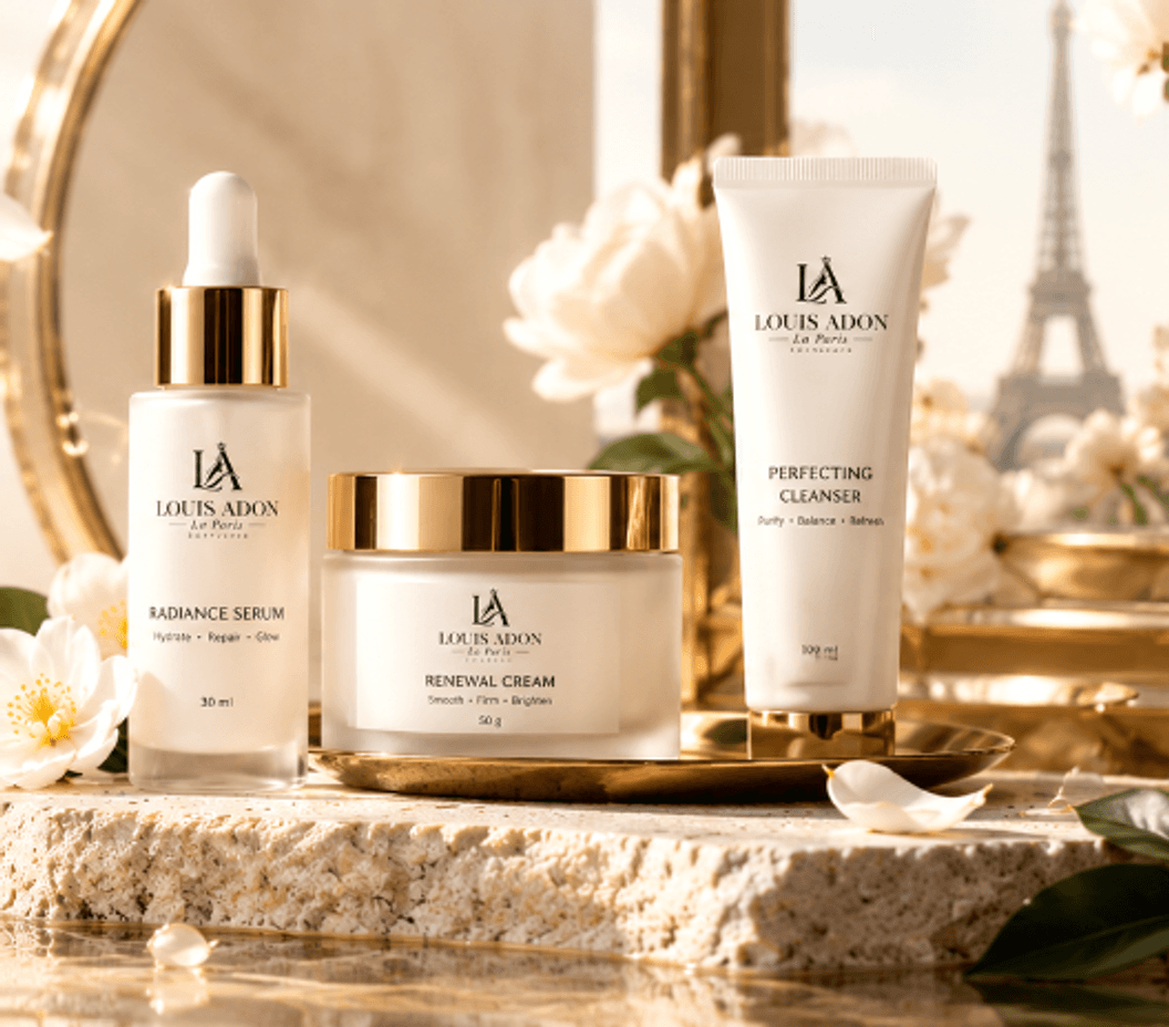 LOUIS ADON Haute Skincare — Radiance Serum, Renewal Cream & Perfecting Cleanser